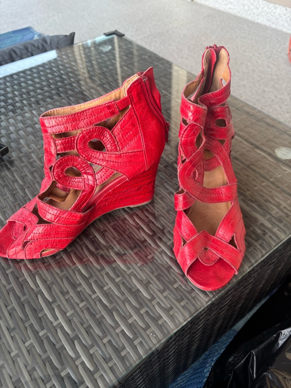 Miz Mooz Red Leather Cutout Wedge Sandals. Please note condition
